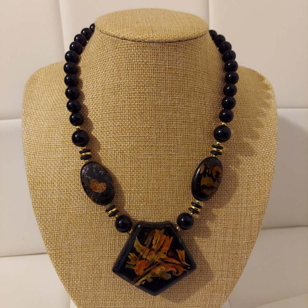 Vintage Japan Black Plastic Beads and Hand Painted Wood Charms 16" Necklace